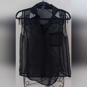 UK2LA Sheer Whymsygoth Black buttondown Blouse with Sparkling Studded Collar